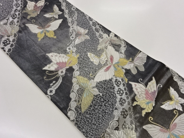 JAPANESE KIMONO / BUTTERFLY / FLOWER / LACE PATTERN WOVEN FUKURO OBI